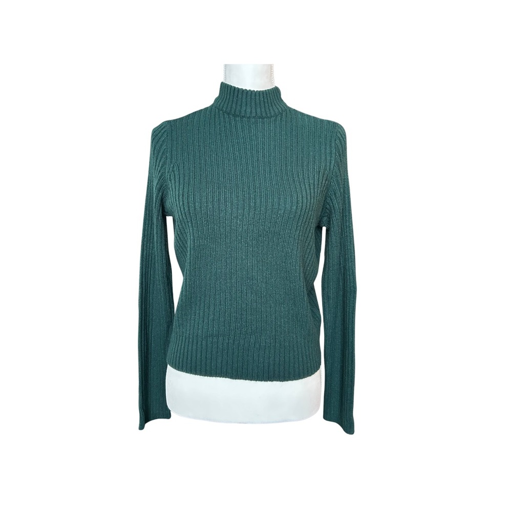 Divided Mock Neck Dark Green Ribbed Long Sleeve Sweater, Women’s Small
